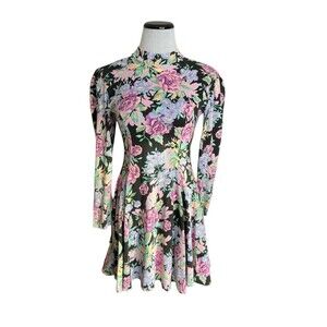 Vintage Floral Skater Dress Size S Cottagecore 80s Shoulder Pads CFTC Sport USA